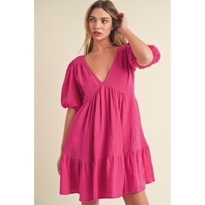 Aemi+Co Sz. L New Tied Back Ruffled Short Sleeve Mini Dress in Magenta Girlies